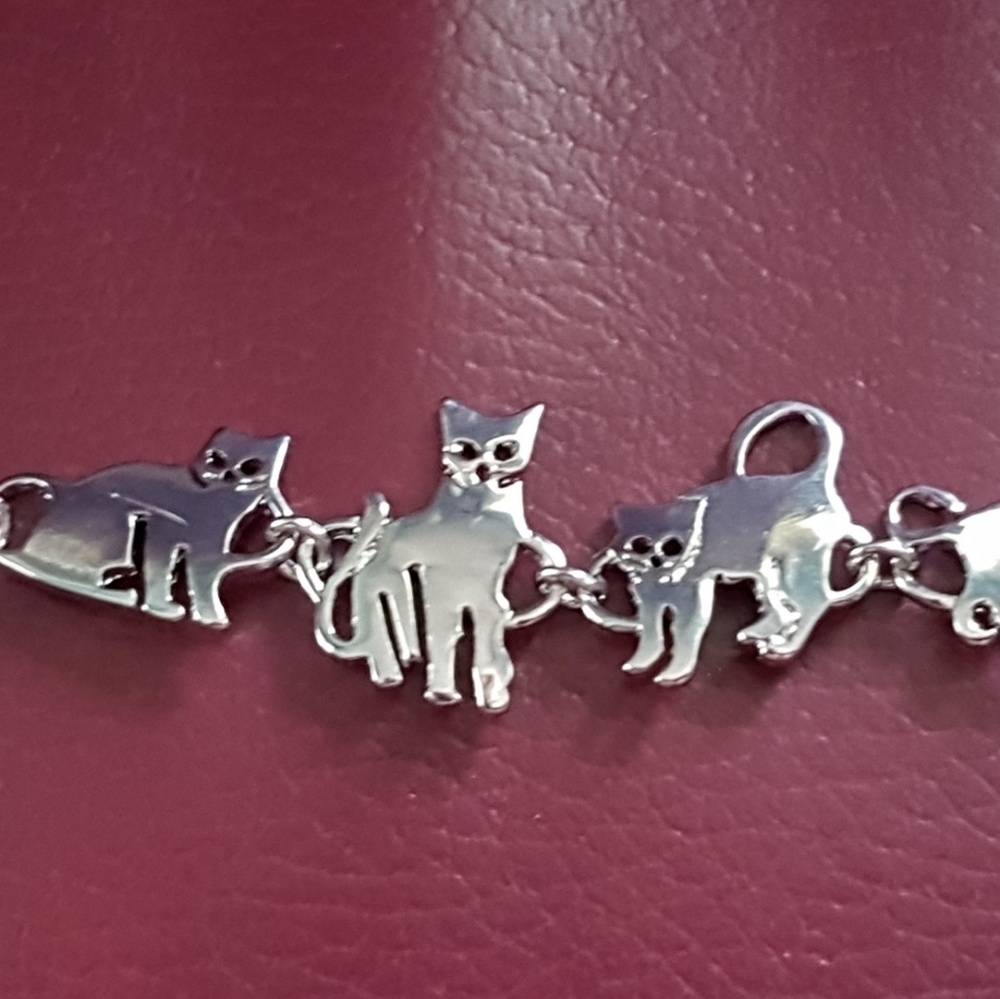 Sterling Cat Link Bracelet - Silver Cat Charm Bracelet